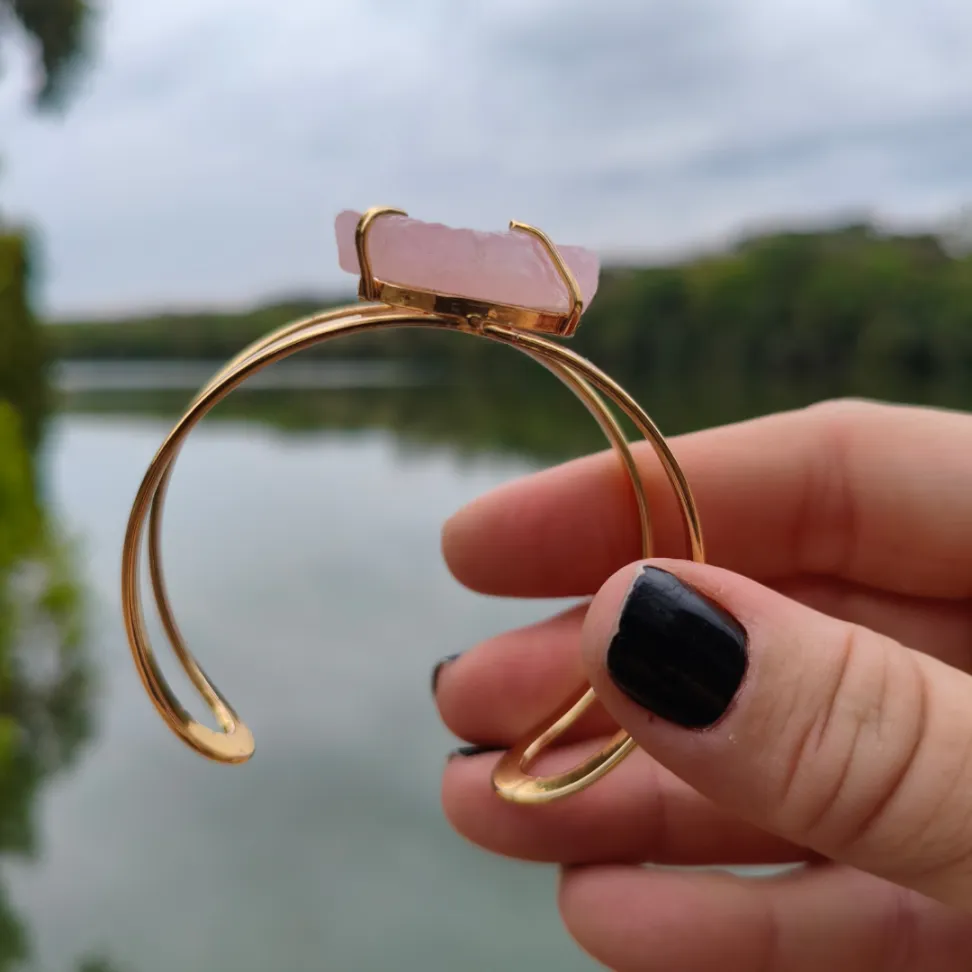 Bracelete Folheado a Ouro: Quartzo Rosa - #4