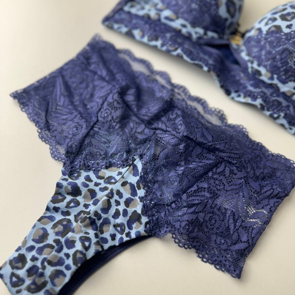 Conjunto de Lingerie Oncinha Azul com Renda Sutiã com Bojo + Calcinha - #12