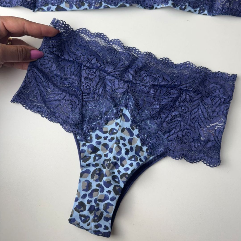 Conjunto de Lingerie Oncinha Azul com Renda Sutiã com Bojo + Calcinha - #6