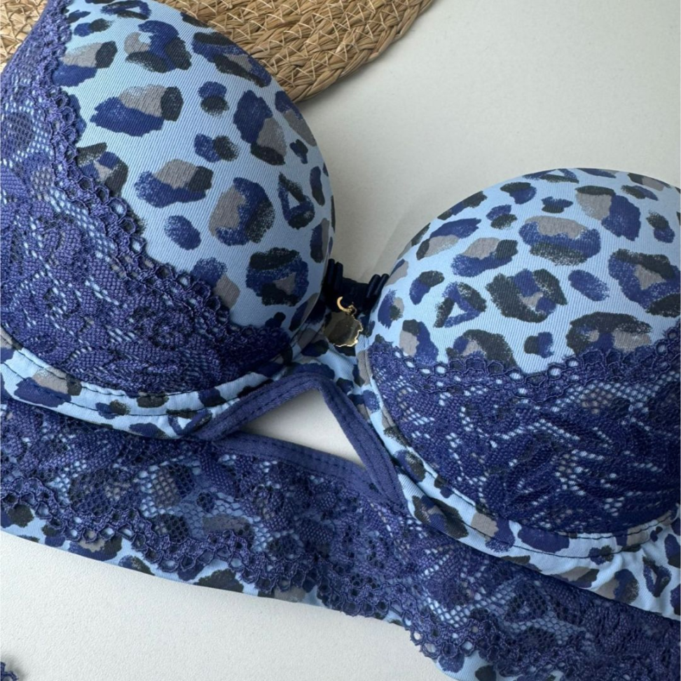 Conjunto de Lingerie Oncinha Azul com Renda Sutiã com Bojo + Calcinha - #3