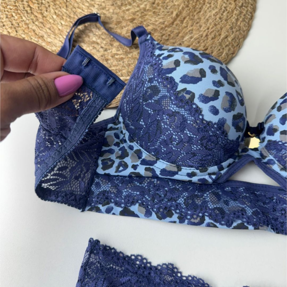 Conjunto de Lingerie Oncinha Azul com Renda Sutiã com Bojo + Calcinha - #4