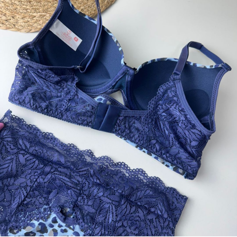 Conjunto de Lingerie Oncinha Azul com Renda Sutiã com Bojo + Calcinha - #8