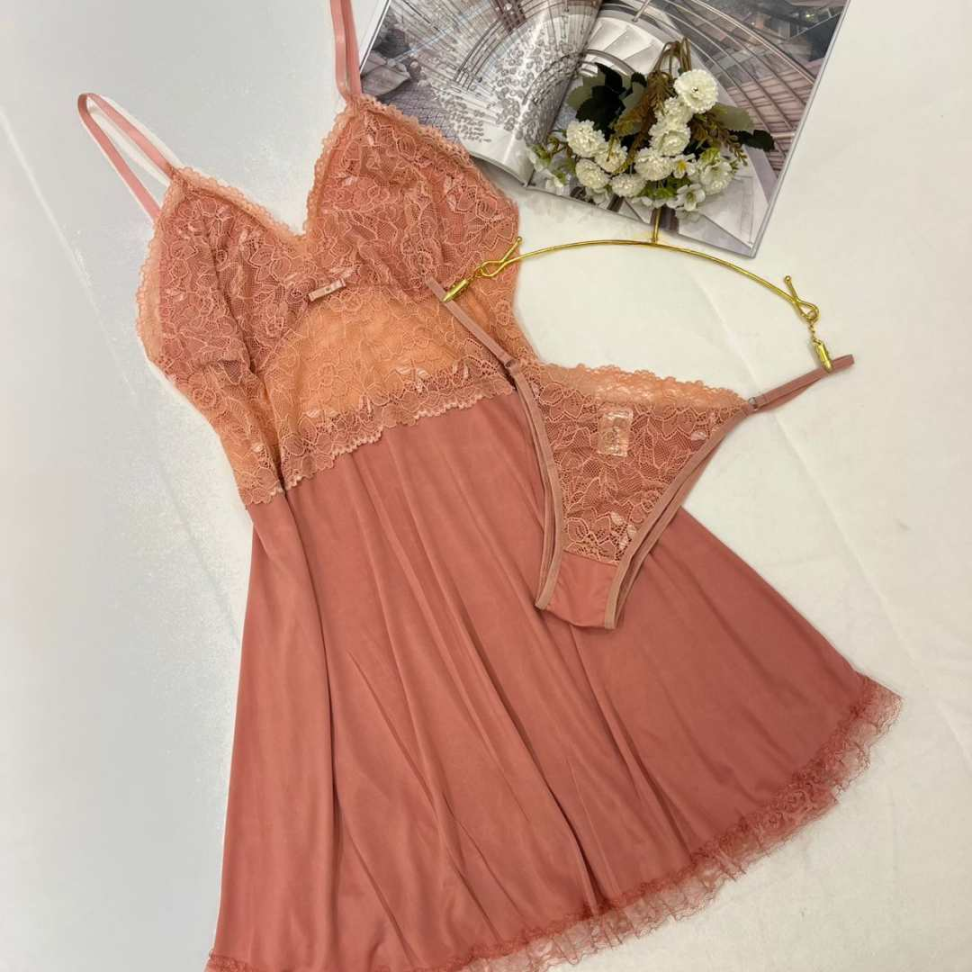 Camisola Jamile com Renda e Tule Leve com Calcinha Sensual e Delicada Ref. 572P - #10