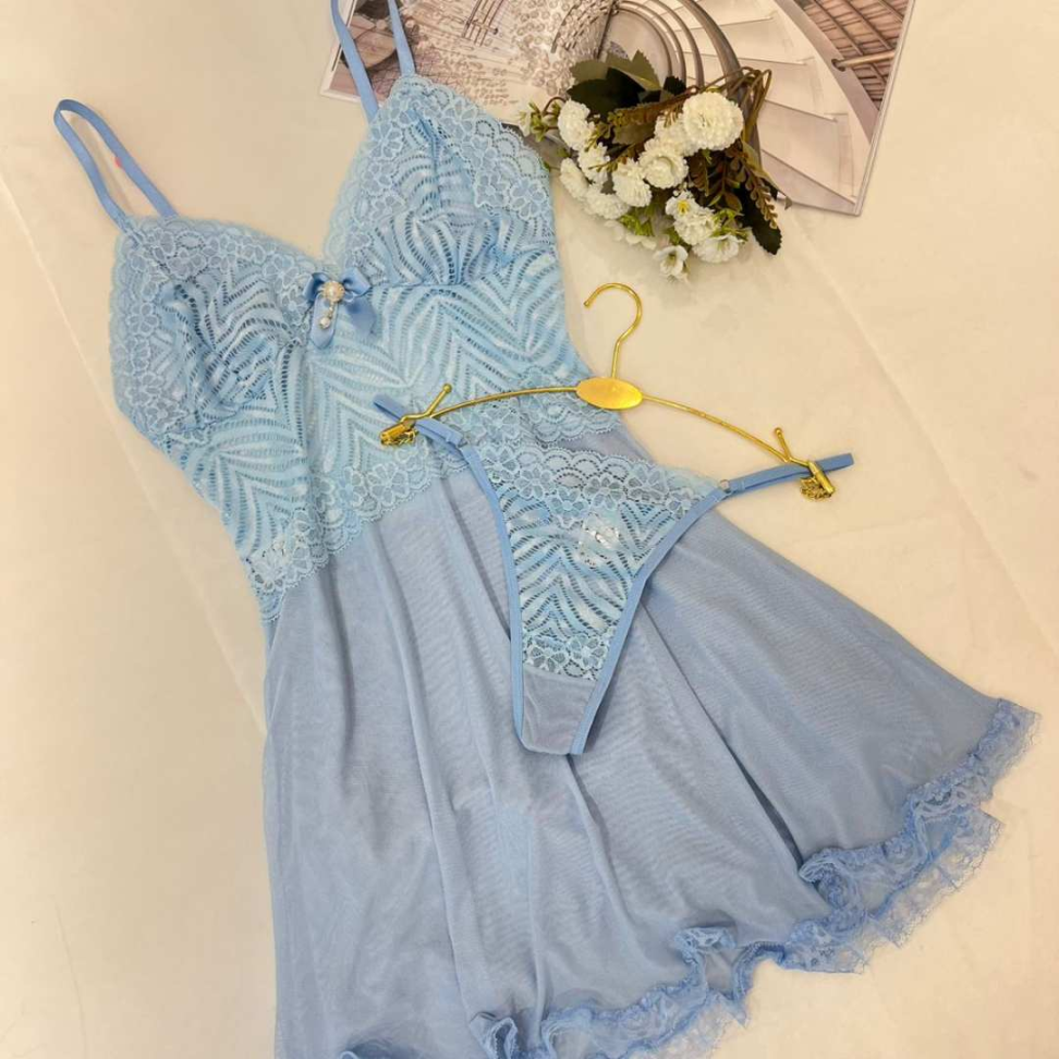 Camisola Vivi em Tule com Renda Delicada e Calcinha Leve Sensual e Elegante Ref. 597 - #4