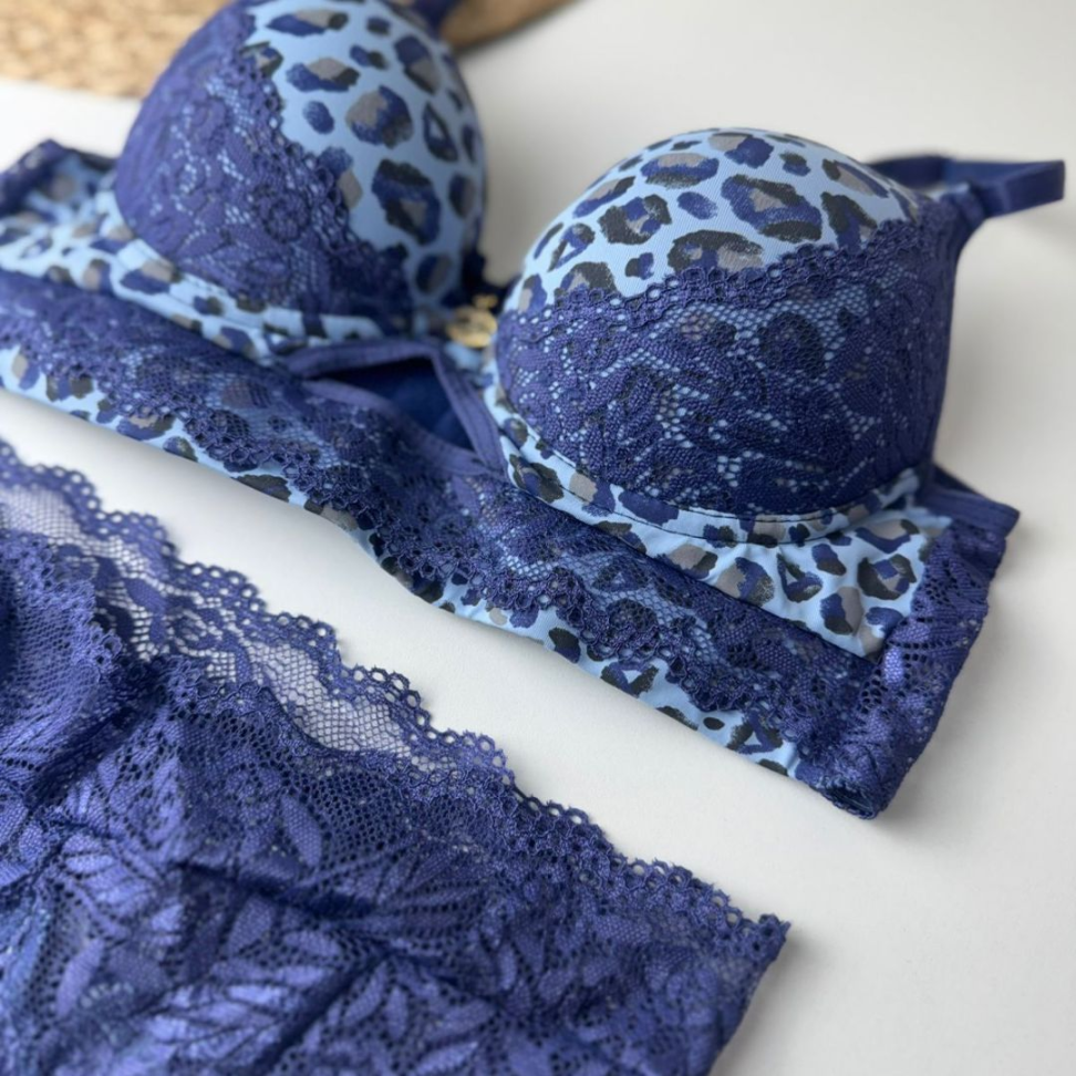 Conjunto de Lingerie Oncinha Azul com Renda Sutiã com Bojo + Calcinha - #11