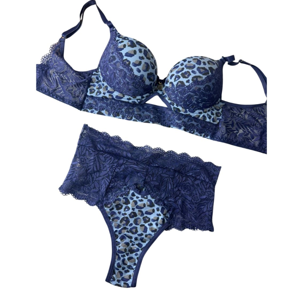Conjunto de Lingerie Oncinha Azul com Renda Sutiã com Bojo + Calcinha