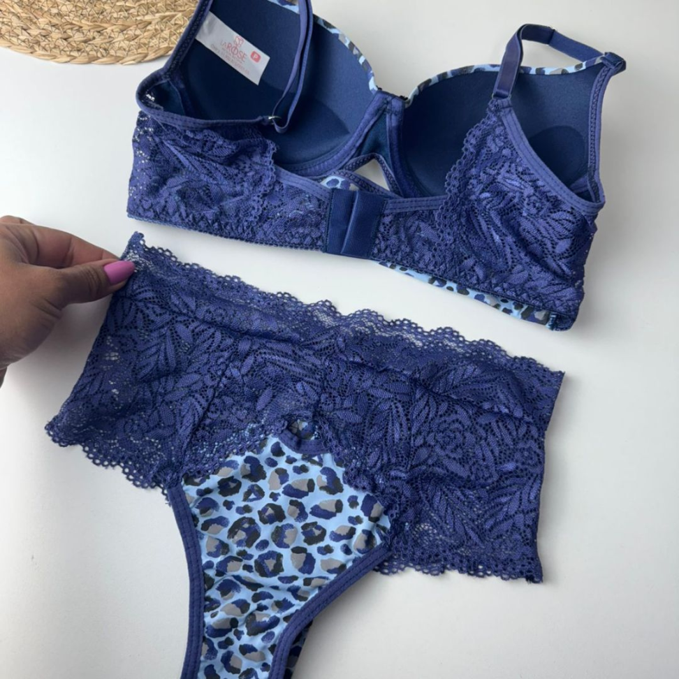 Conjunto de Lingerie Oncinha Azul com Renda Sutiã com Bojo + Calcinha - #7