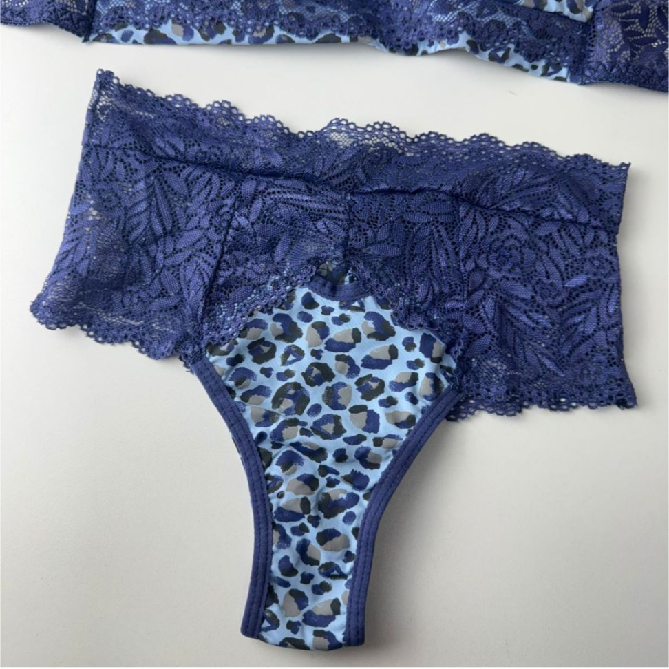 Conjunto de Lingerie Oncinha Azul com Renda Sutiã com Bojo + Calcinha - #5