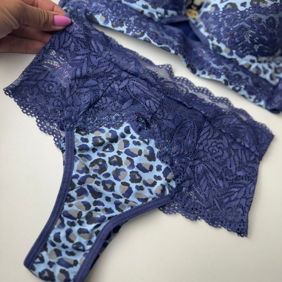 Conjunto de Lingerie Oncinha Azul com Renda Sutiã com Bojo + Calcinha - #13