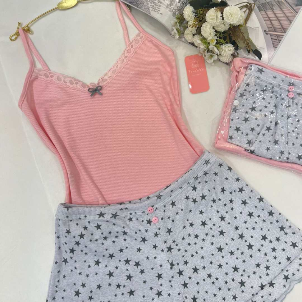 Baby Doll Sofie Canelado Feminino Conjunto Short Doll Confortável Alça Fina Pijama Curto Estampado - #2