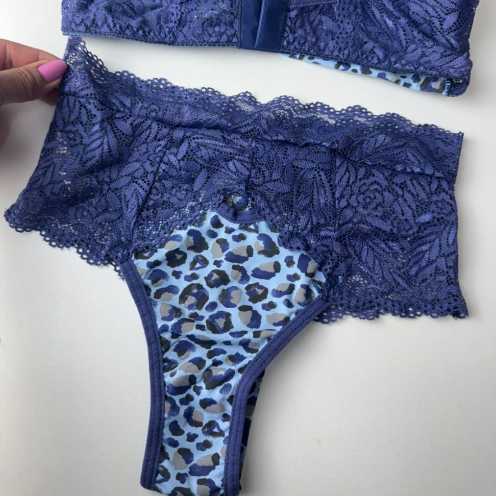 Conjunto de Lingerie Oncinha Azul com Renda Sutiã com Bojo + Calcinha - #9