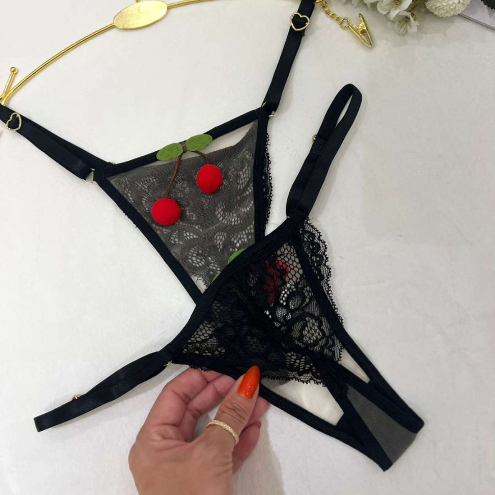 Tanga Cerejinha Sensual em Tule e Renda com Regulagem Lateral e Detalhe Coração - #5