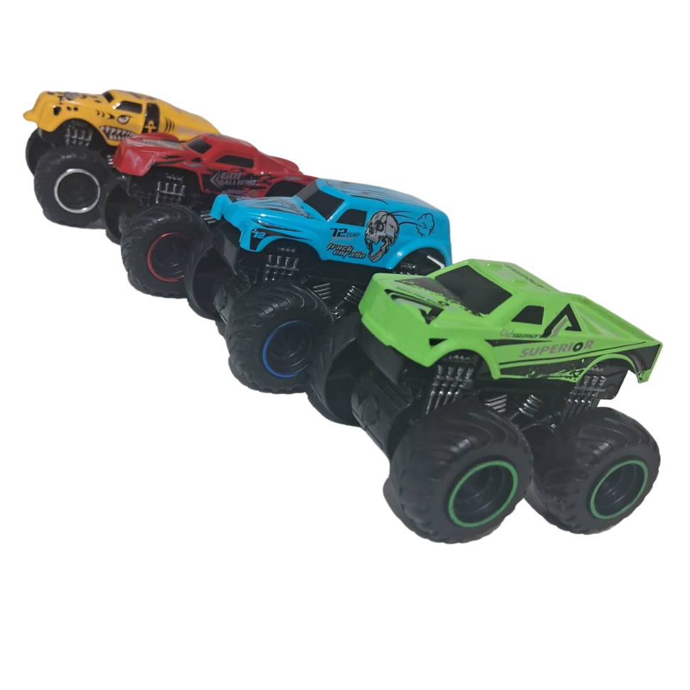 kit 8 Peças, 4 Carrinhos Monster Truck Com 4 lançador
