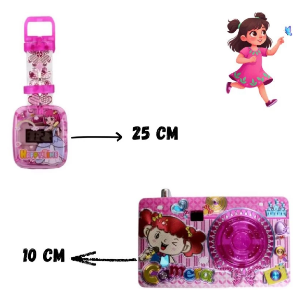 Kit Relógio Infantil de pulso menina + Câmera fotográfica faz de conta