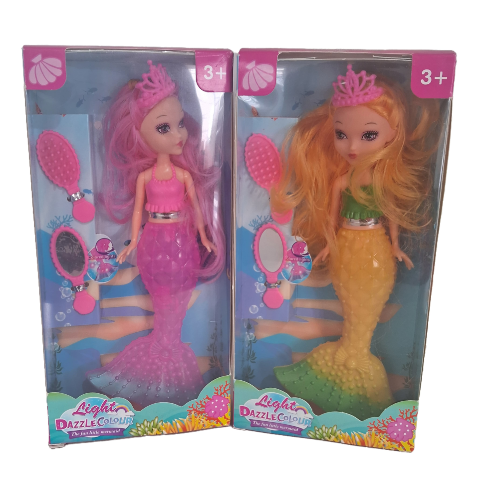 Boneca Princesa Sereia com Led que Acende a Cauda! Vem com Escova Espelho e Coroa