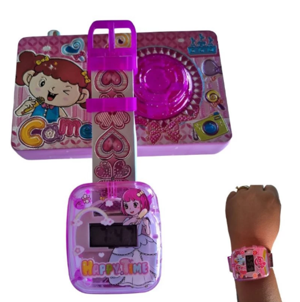 Kit Relógio Infantil de pulso menina + Câmera fotográfica faz de conta