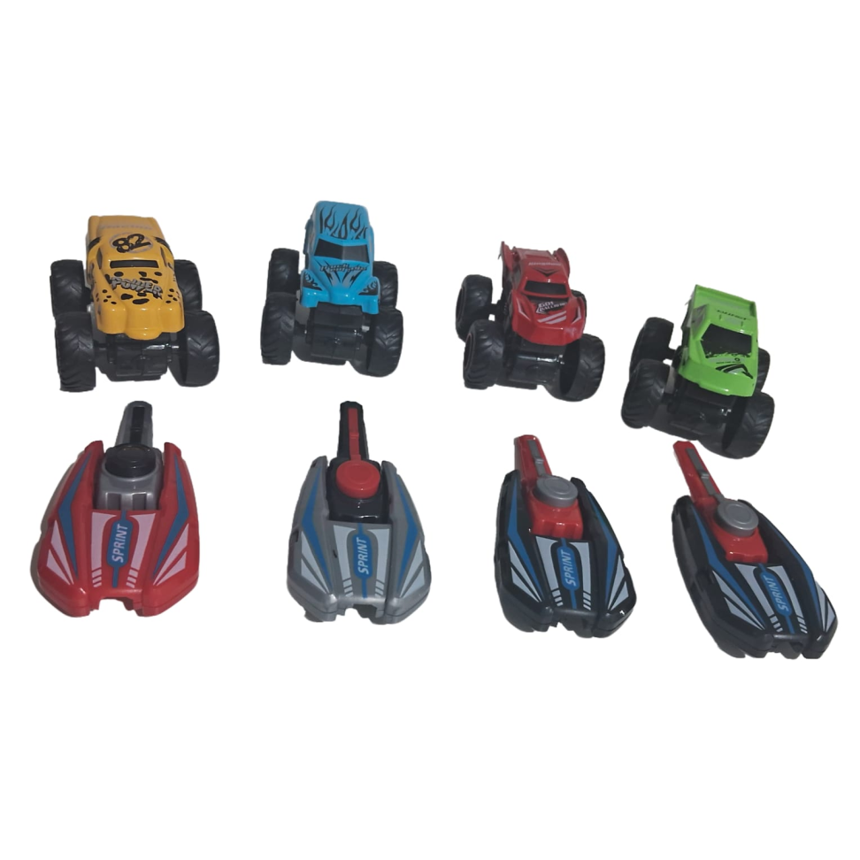 kit 8 Peças, 4 Carrinhos Monster Truck Com 4 lançador