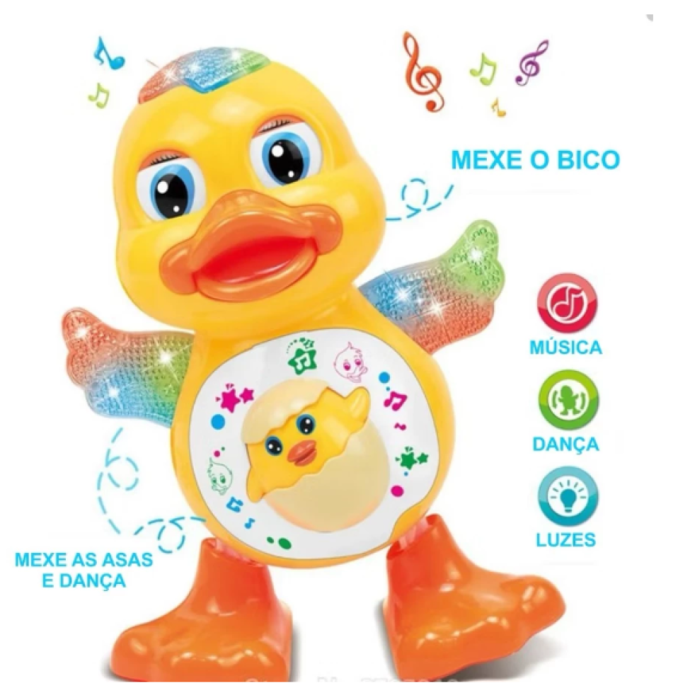 Brinquedo Pato Patinho Dançante Musical Anda Dança Mexe com Luz LED e Som Infantil