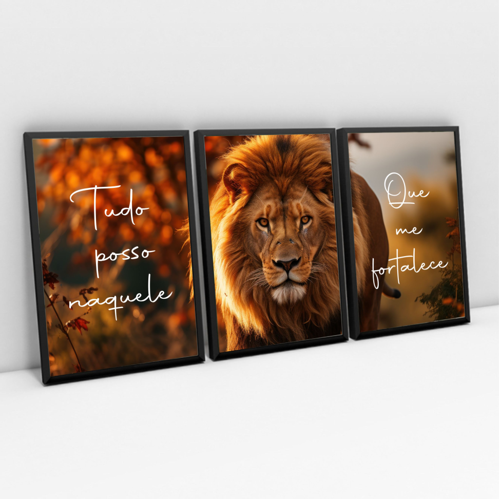 Trio de quadros leão com frases - #2