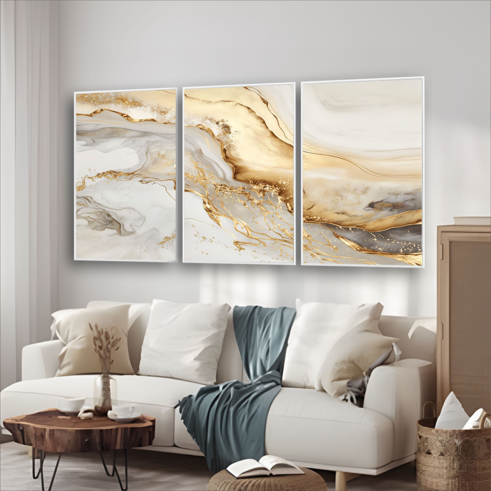 Trio de quadros abstrato marmorizado dourado - #1