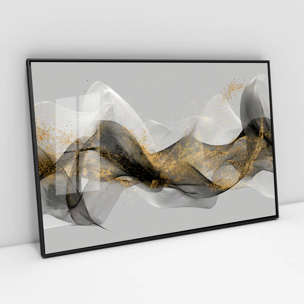 Quadro Abstrato curvas suaves em preto e dourado - #2