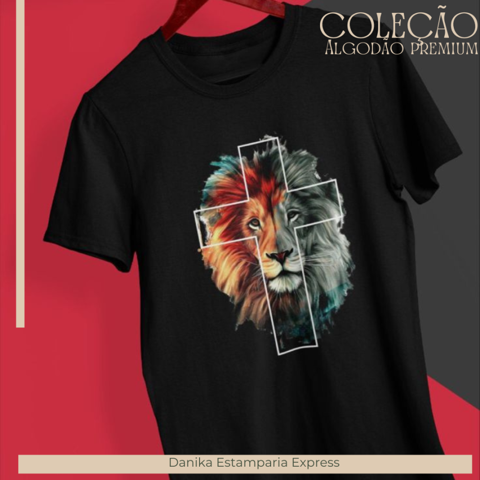 CAMISETA PRETA ALGODÃO PREMIUM - LEÃO CRUZ COLORIDO - #2