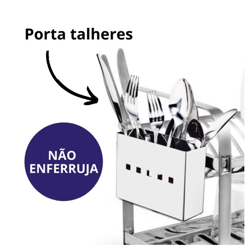 Escorredor Inox 16 Pratos Secador Louca Porta Talheres Inox Mais Bandeja Coletora - #1
