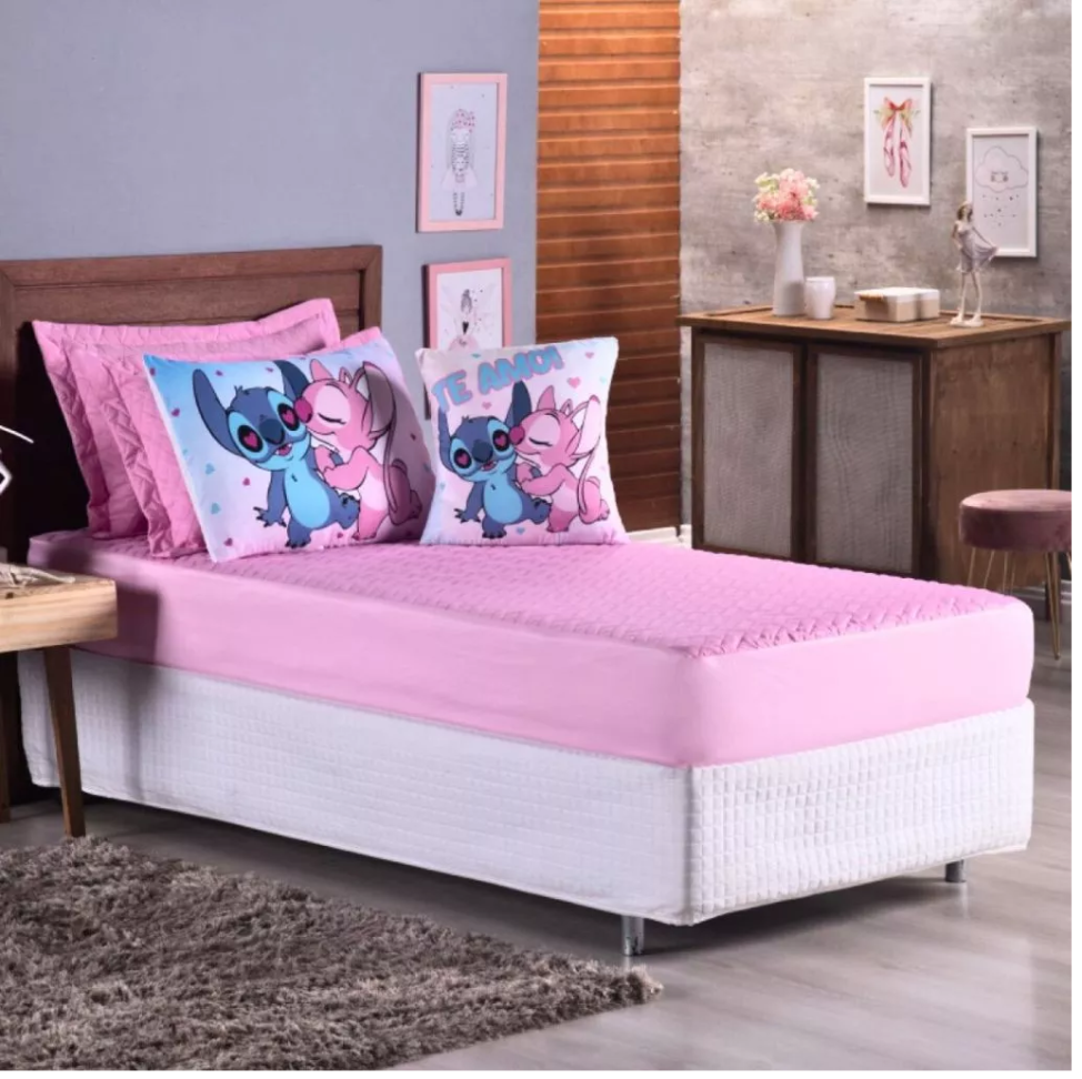 Colcha Cobre Leito Jogo Cama Edredom Solteiro 5 Pçs Matelado Com Elastico Stich Rosa Menina Barato - #2