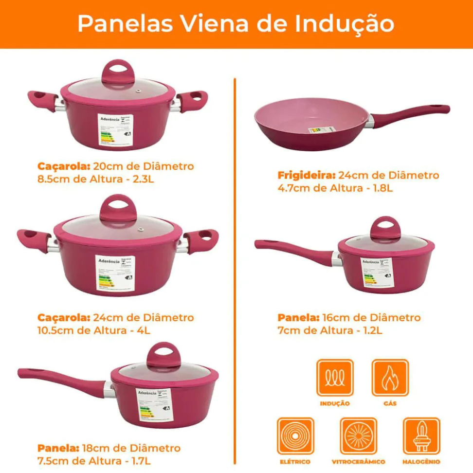 ogo De Panelas Antiaderente Cerâmica De Indução 5 Peças Viena Vinho Plus - Casambiente - #2