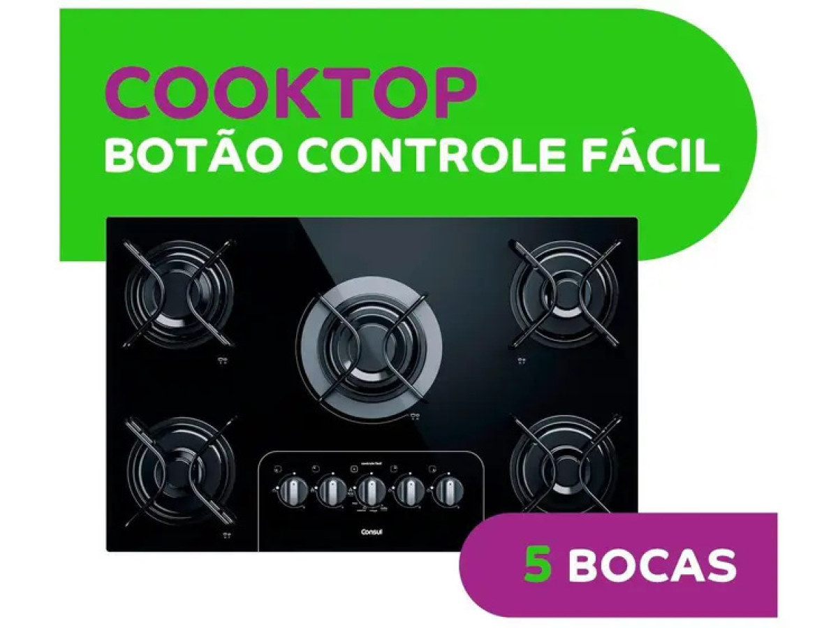Cooktop 5 Bocas a Gás GLP Consul Vidro Temperado - Preto Acendimento Automático Facilite CD075AE - #2
