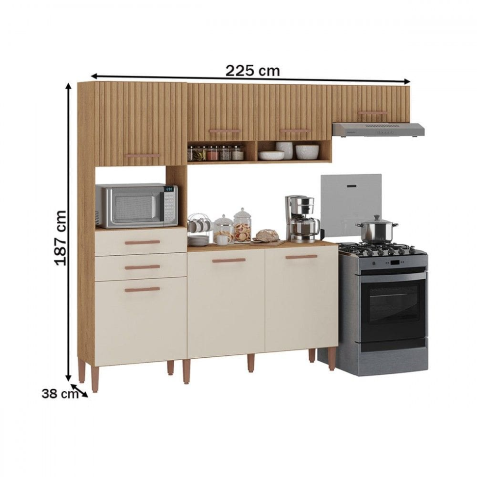 Cozinha Completa Fortaleza 7 Portas 2 Gavetas Ripado 3d Canelato Rustico/Natural/Off White - Atualle Móveis - Marrom - #2