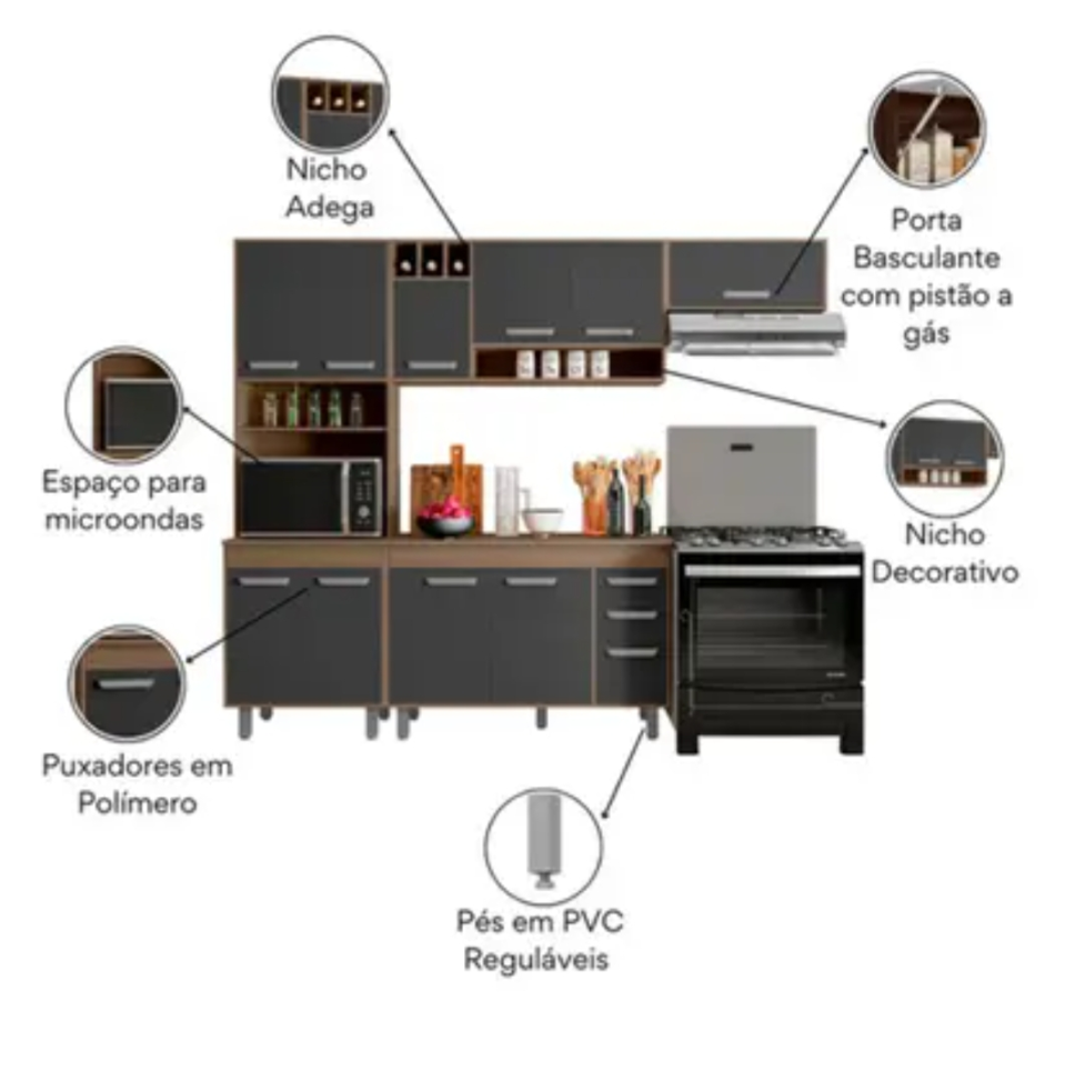 Cozinha Compacta Poliman Barcelona com Balcão Carvalho Grafite - #1