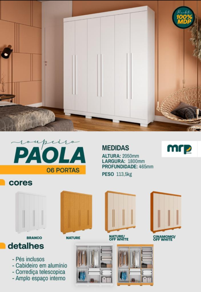 GUARDA ROUPA ACP PAOLA NATURE 1,80m LARGURA 2,050m ALTURA 100%MDF - #1