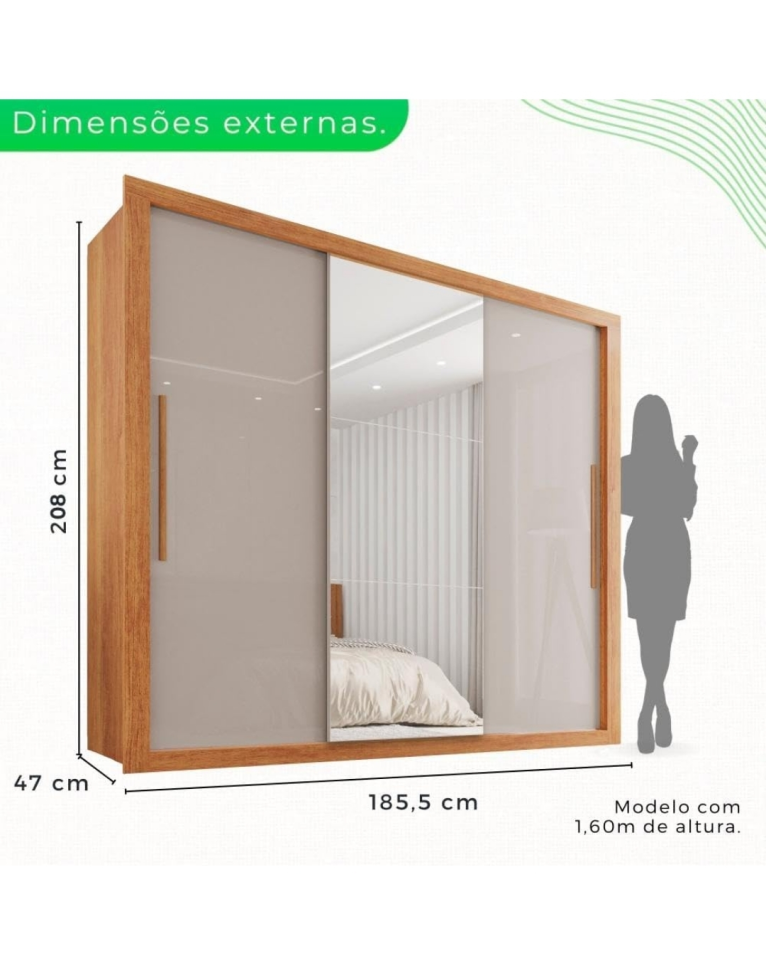 GUARDA ROUPA SALLETO PANAMÁ 3 PORTAS CINAMOMO/OFF 1,855m LARGURA 2,13m AlTURA 100%MDP - #3