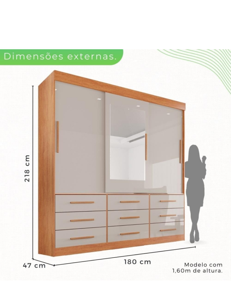 GUARDA ROUPA SALLETO NEW STAR 3 PORTAS MDP CINAMOMO/OFF 1,80m ALTURA 2,23m LARGURA com espelho - #3