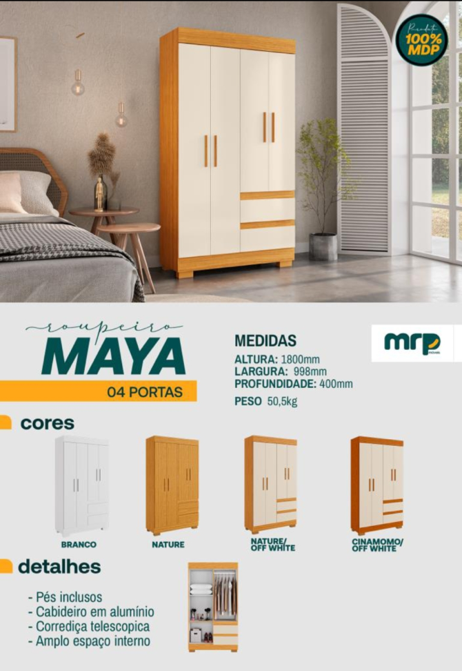 GUARDA ROUPA SOLTEIRO ACP MAYA 4 PORTAS BRANCO 998cm LARGURA 1,80m ALTURA 100%MDP - #1