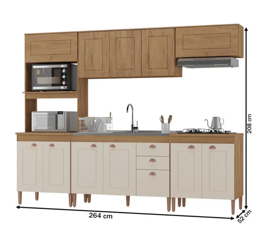 Cozinha Completa Viena 12 Portas 2 Gavetas Canelato Rustico/Natura/Off White - Atualle Móveis - #1