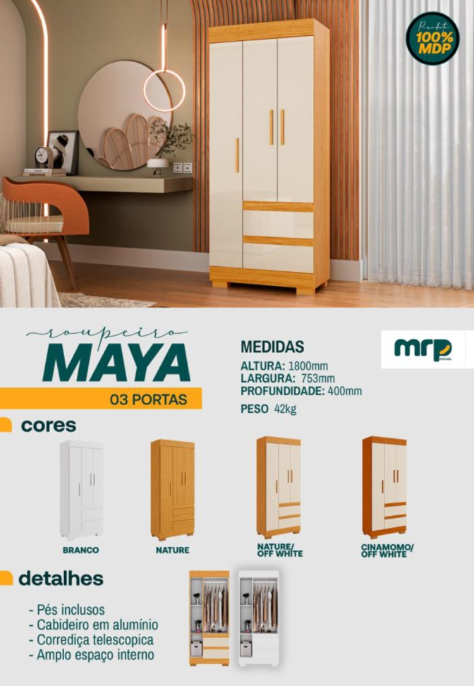 GUARDA ROUPA ACP MAYA 3 PORTAS SOLTEIRO NATURE 763mm LARGURA 1,80m ALTURA 100%MDP - #5