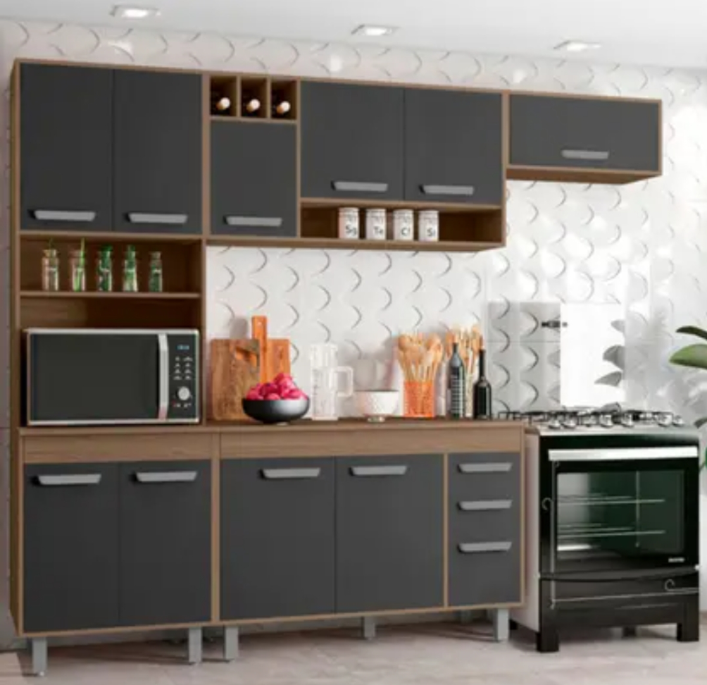 Cozinha Compacta Poliman Barcelona com Balcão Carvalho Grafite - #1