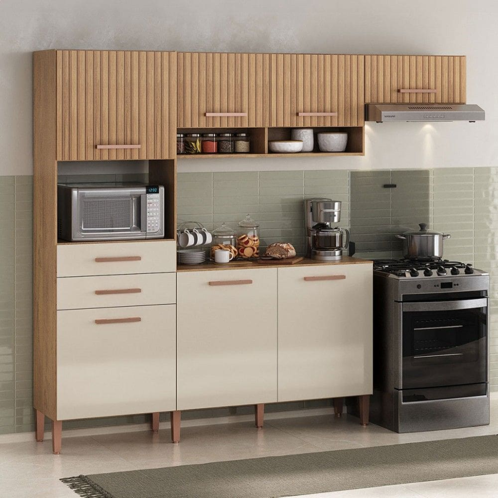 Cozinha Completa Fortaleza 7 Portas 2 Gavetas Ripado 3d Canelato Rustico/Natural/Off White - Atualle Móveis - Marrom - #4