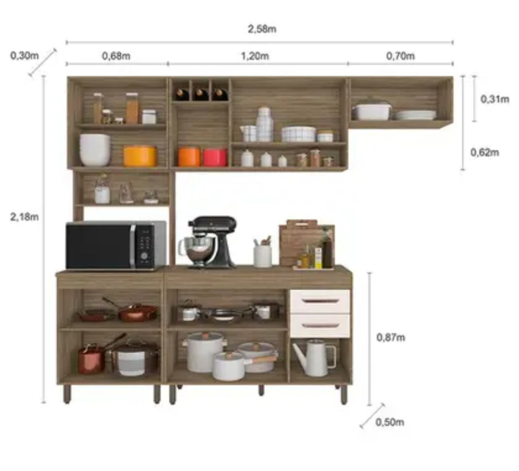 Cozinha 4 Peças Barcelona com Balcão de Cozinha Carvalho OAK Off White - Poliman - #2