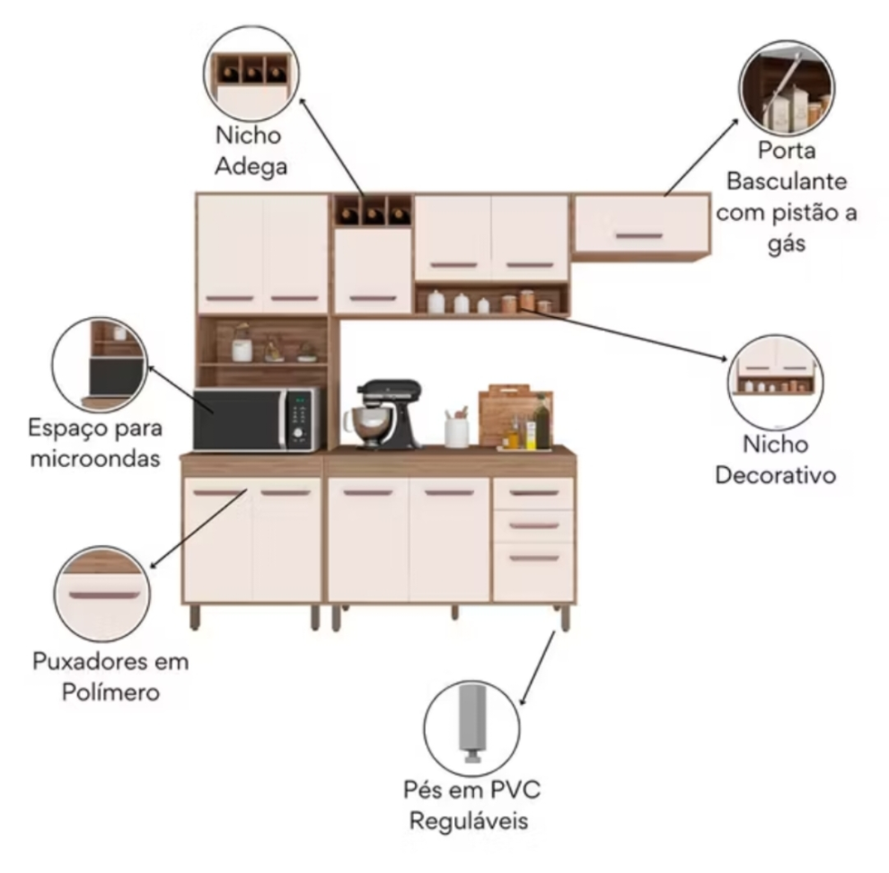 Cozinha 4 Peças Barcelona com Balcão de Cozinha Carvalho OAK Off White - Poliman - #3