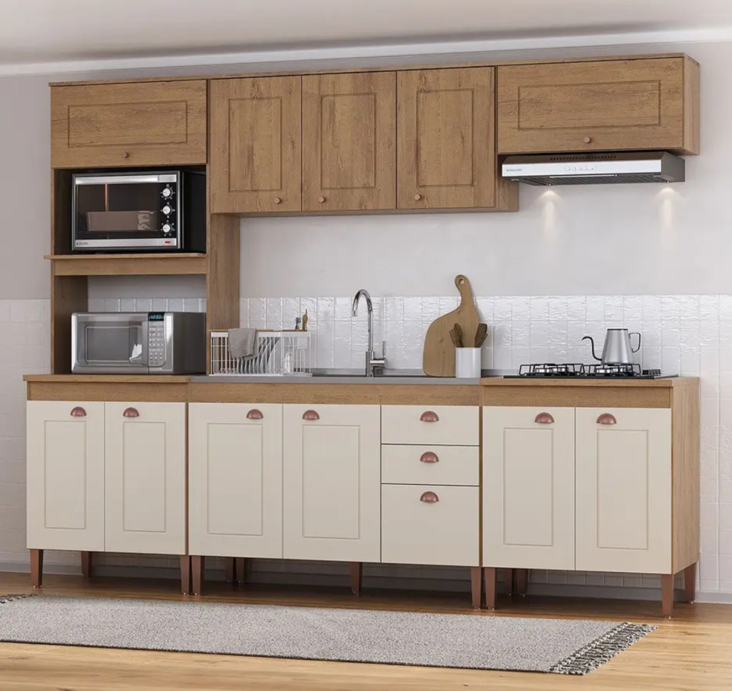 Cozinha Completa Viena 12 Portas 2 Gavetas Canelato Rustico/Natura/Off White - Atualle Móveis - #1