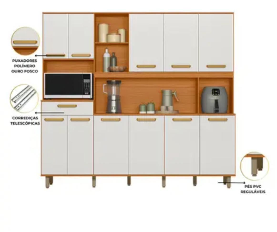 Kit Cozinha Pilar 11 Portas e 01 Gaveta Poliman Móveis Cor Freijo /Ripado/ Off - #1