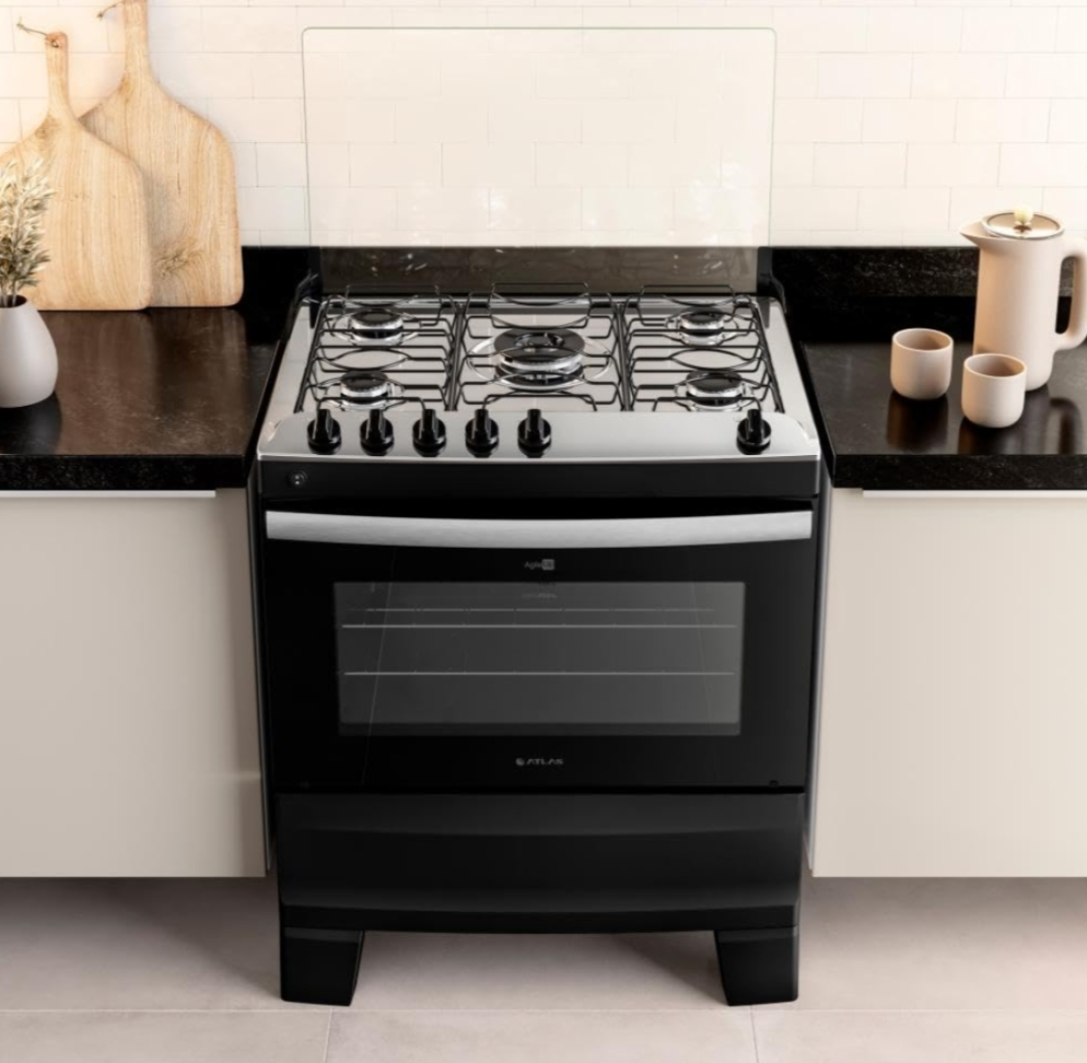 Fogão 5 Bocas Preto Com Mesa Inox Atlas Agile Up - #1