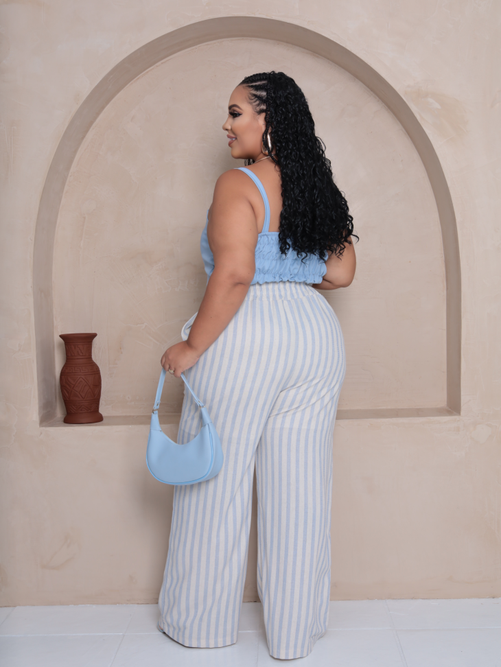 Calça pantalona de linho listrado plus com forro - #2