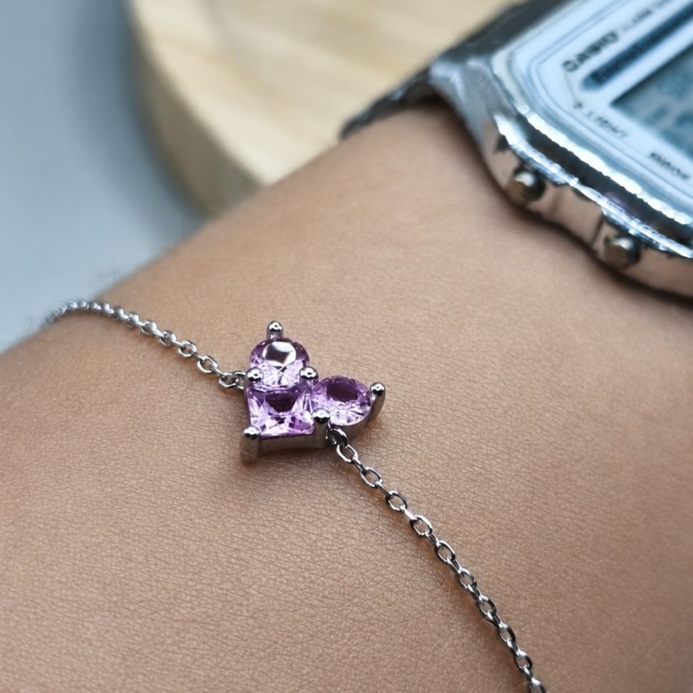 Pulseira Coração Pink em Prata 925 com Zircônias