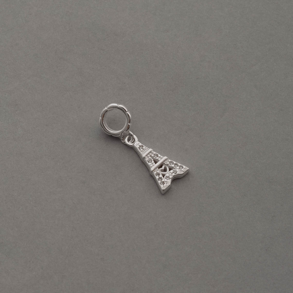 Berloque Pingente Torre Eiffel Cravejada em Prata 925 13mm