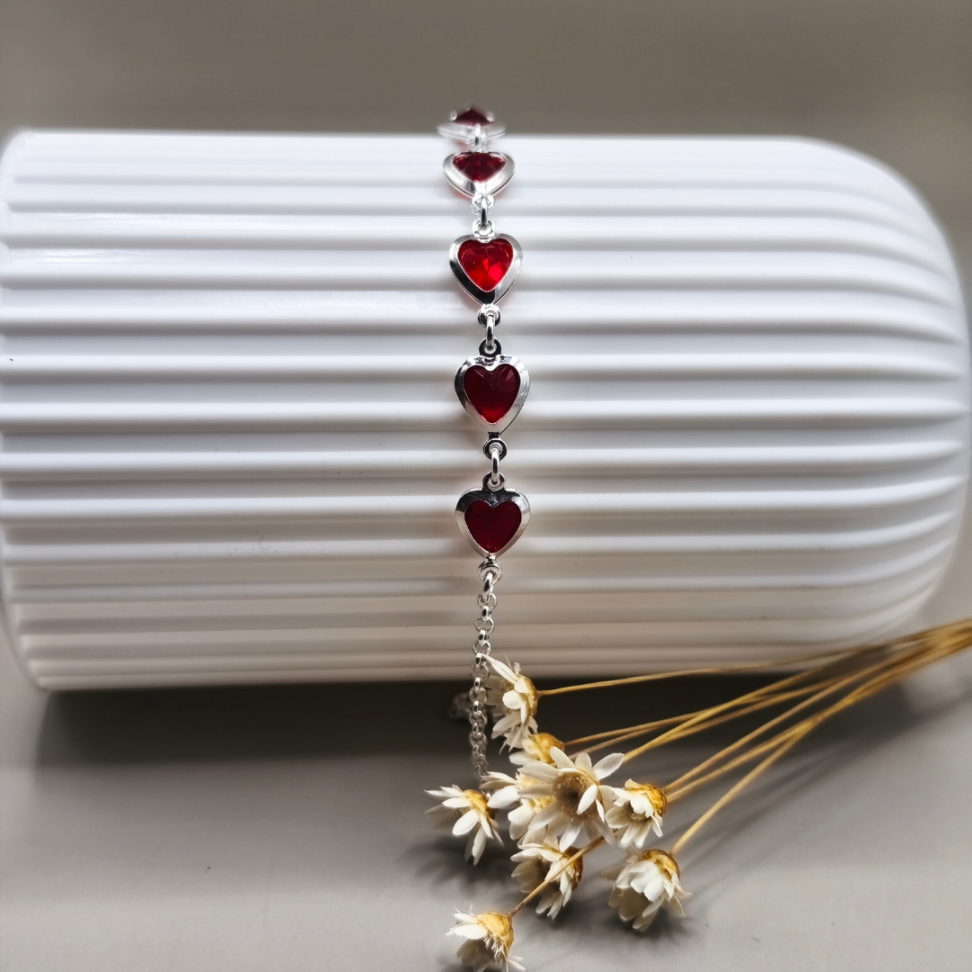 Pulseira Zircônia Corações Vermelho em Prata 925