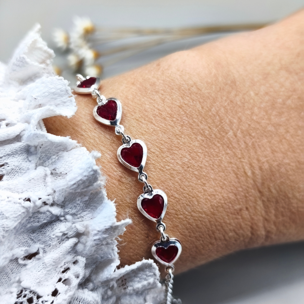 Pulseira Zircônia Corações Vermelho em Prata 925 - #3